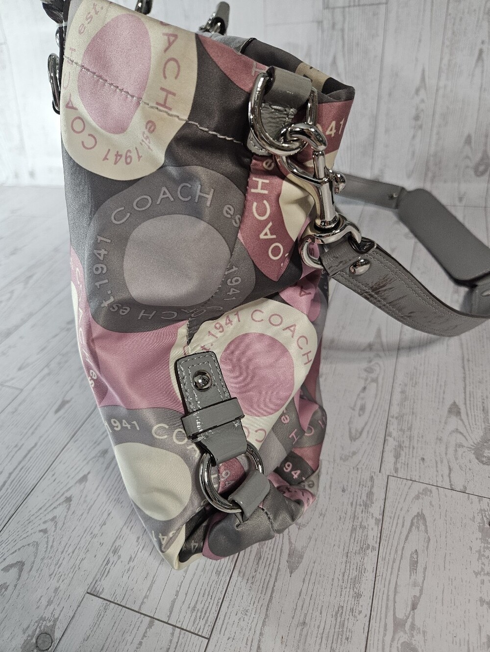 Coach Ashley Snap Satchel Handbag C1173 F5504 Large Tote Pink Gray Logo Satin - Picture 8 of 13